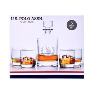US Polo Assn 5 Piece Glass Whiskey Decanter Set With 4 Low Ball Glasses